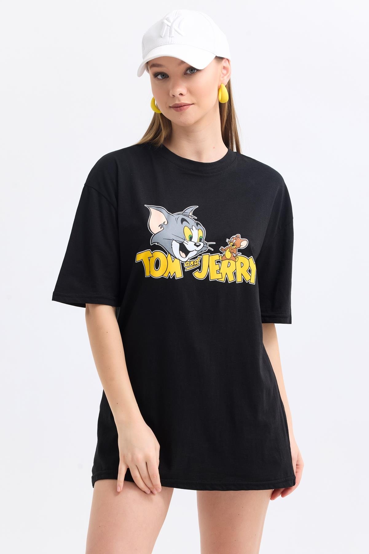 Ön Ve Sırt Tom Jerry Baskılı Pamuklu Oversize Tişört - Siyah