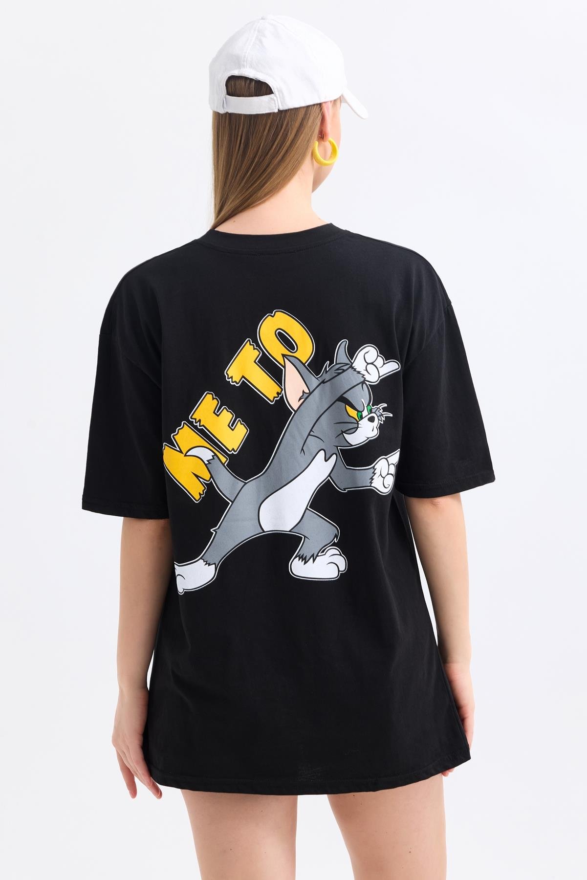 Ön Ve Sırt Tom Jerry Baskılı Pamuklu Oversize Tişört - Siyah