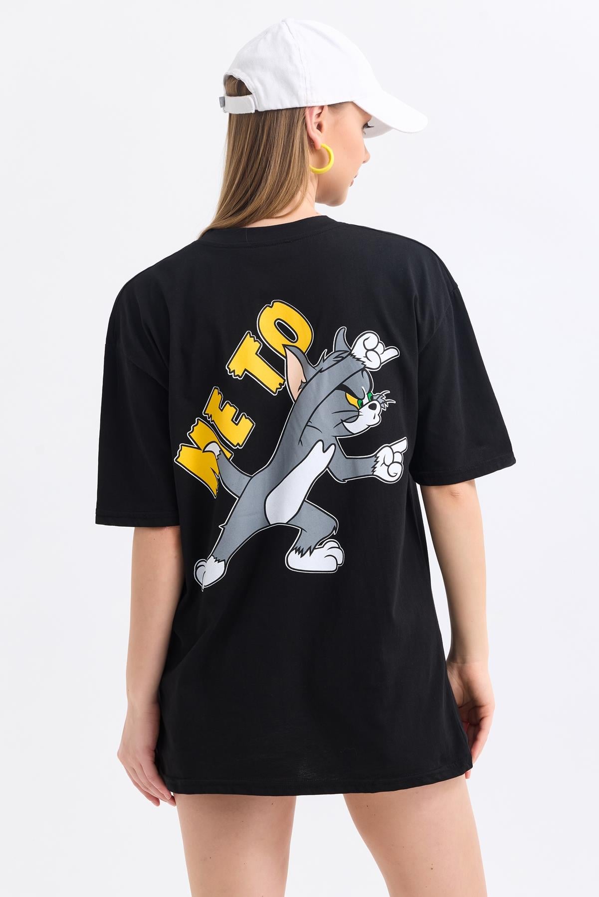 Ön Ve Sırt Tom Jerry Baskılı Pamuklu Oversize Tişört - Siyah