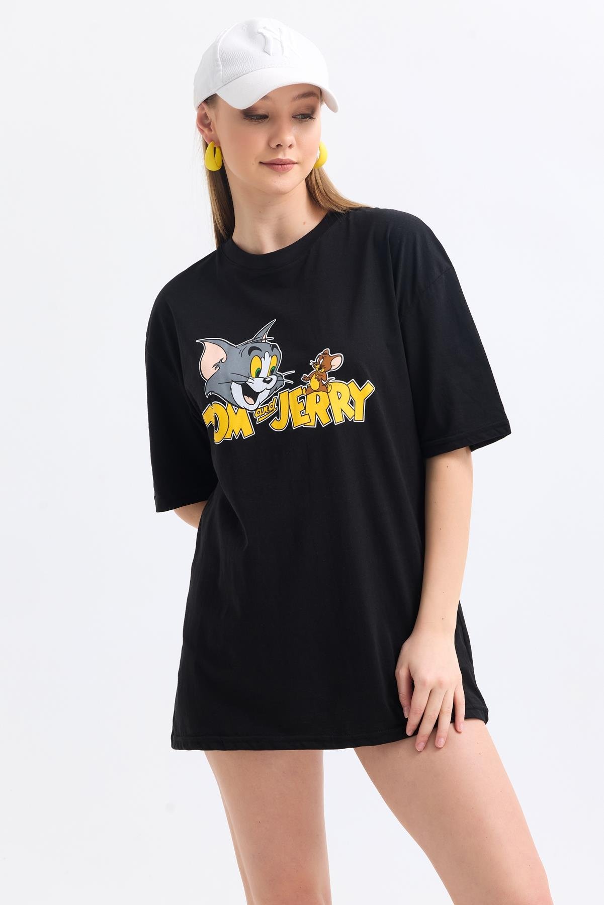 Ön Ve Sırt Tom Jerry Baskılı Pamuklu Oversize Tişört - Siyah