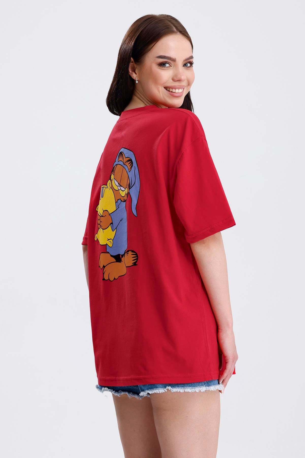 Ön Ve Sırt Uykucu Garfield Baskılı Pamuklu Oversize Tişört - Kırmızı