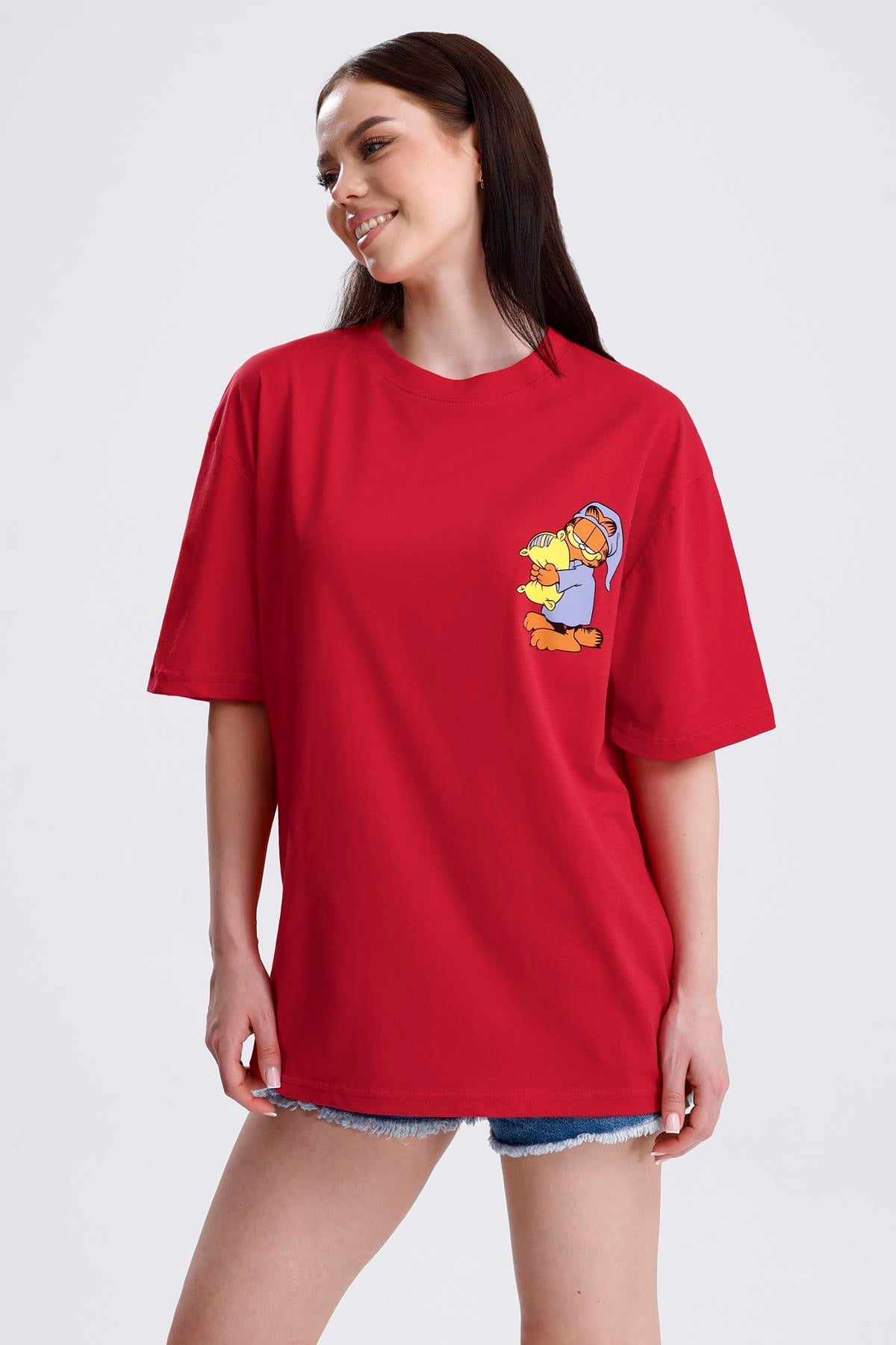 Ön Ve Sırt Uykucu Garfield Baskılı Pamuklu Oversize Tişört - Kırmızı