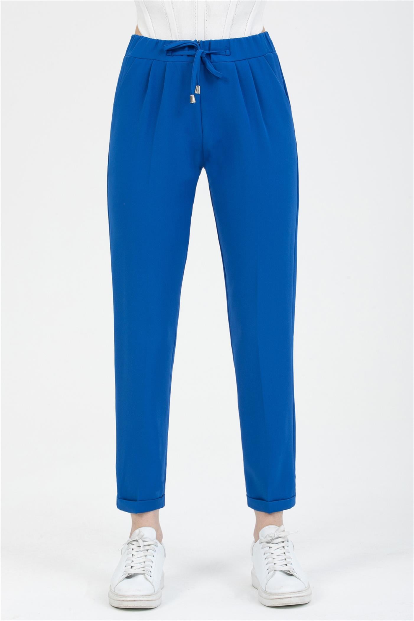 Önden Gizli Fermuarlı Pileli Duble Paça Cepli  Havuç Pantolon - Saks  