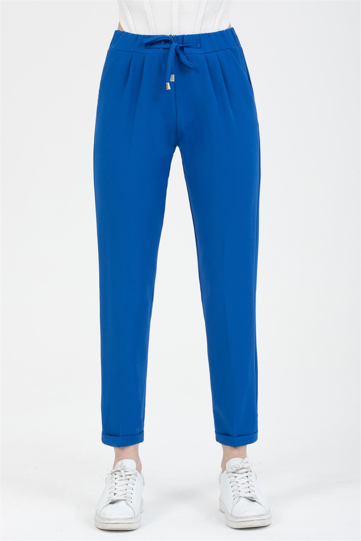 Önden Gizli Fermuarlı Pileli Duble Paça Cepli  Havuç Pantolon - Saks  