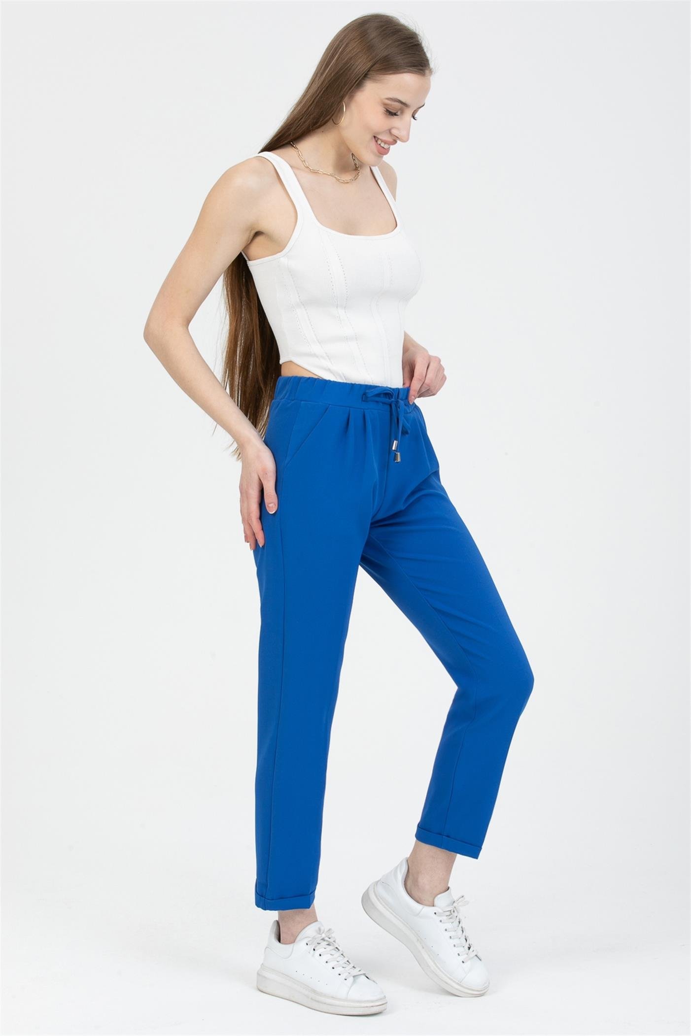 Önden Gizli Fermuarlı Pileli Duble Paça Cepli  Havuç Pantolon - Saks  