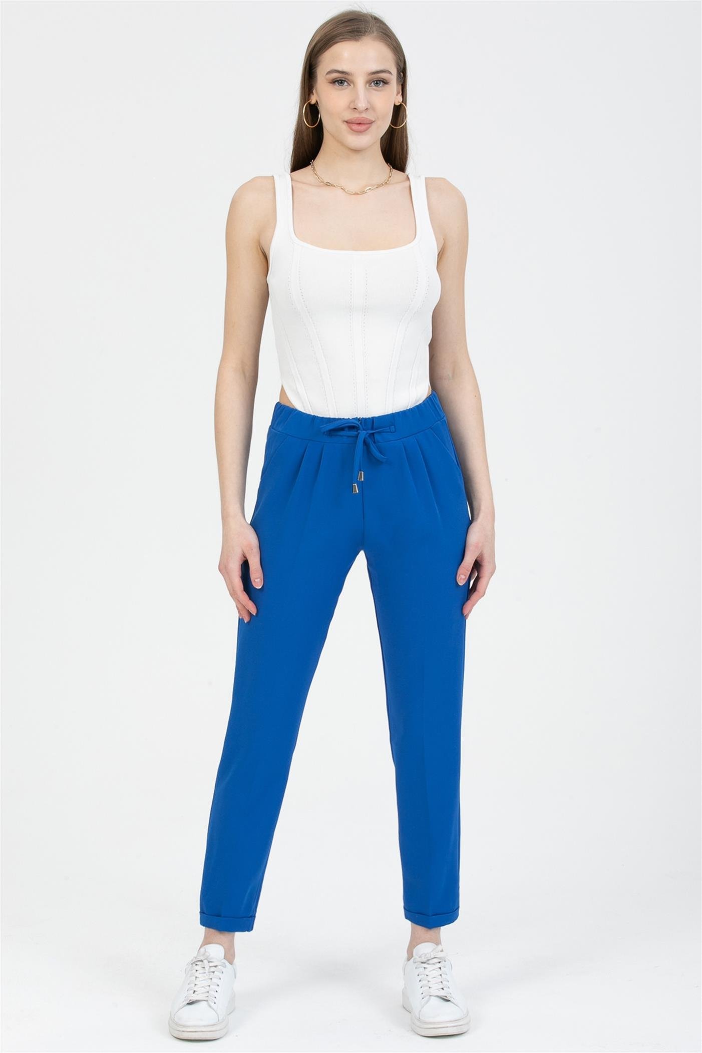 Önden Gizli Fermuarlı Pileli Duble Paça Cepli  Havuç Pantolon - Saks  