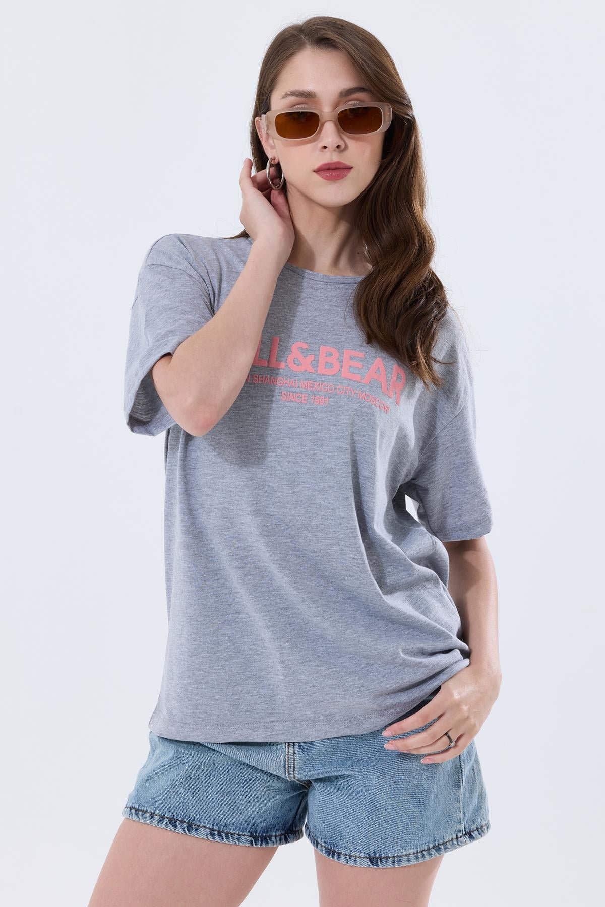 Önü Baskılı Pamuklu Basic Oversize Tişört - Gri