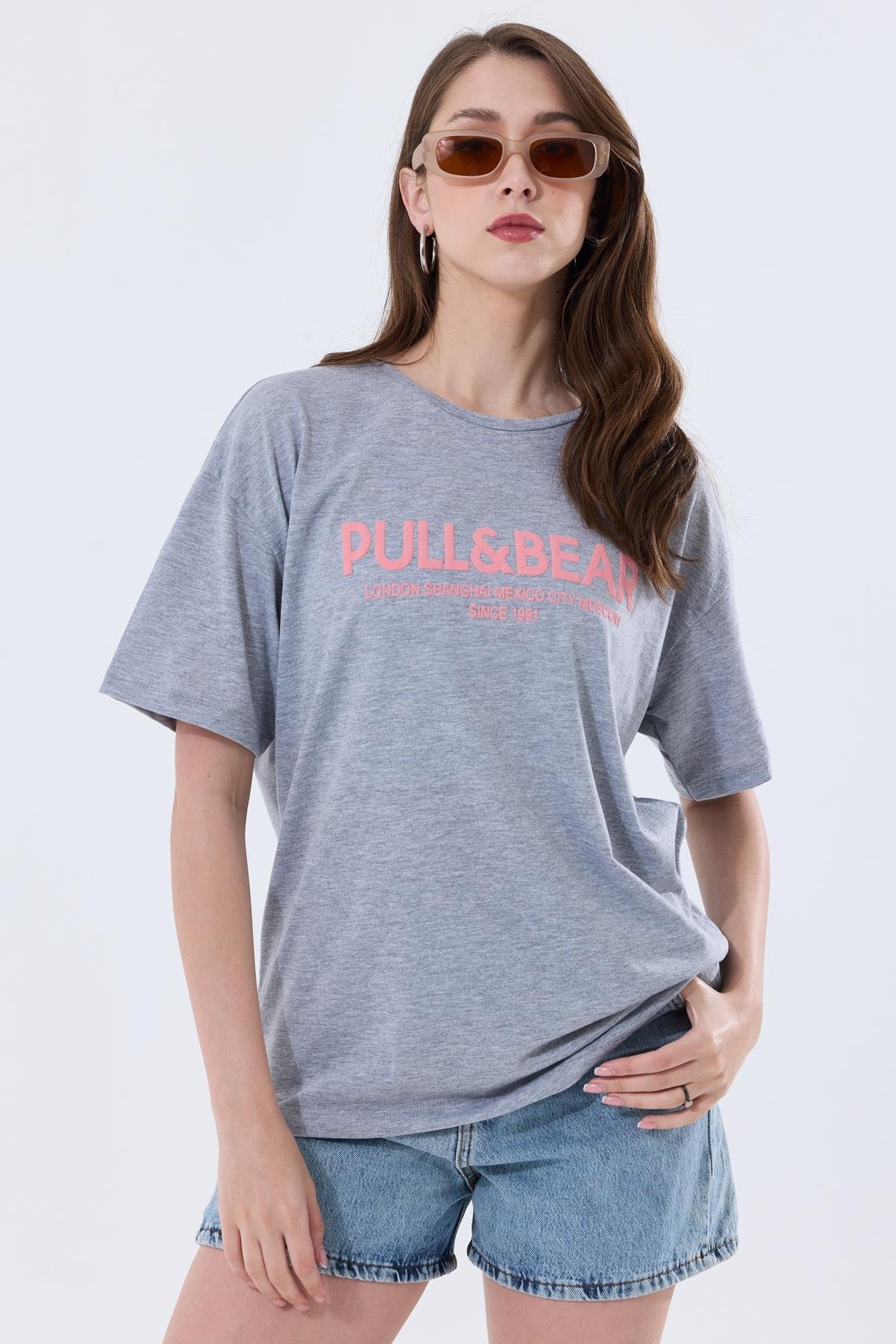 Önü Baskılı Pamuklu Basic Oversize Tişört - Gri