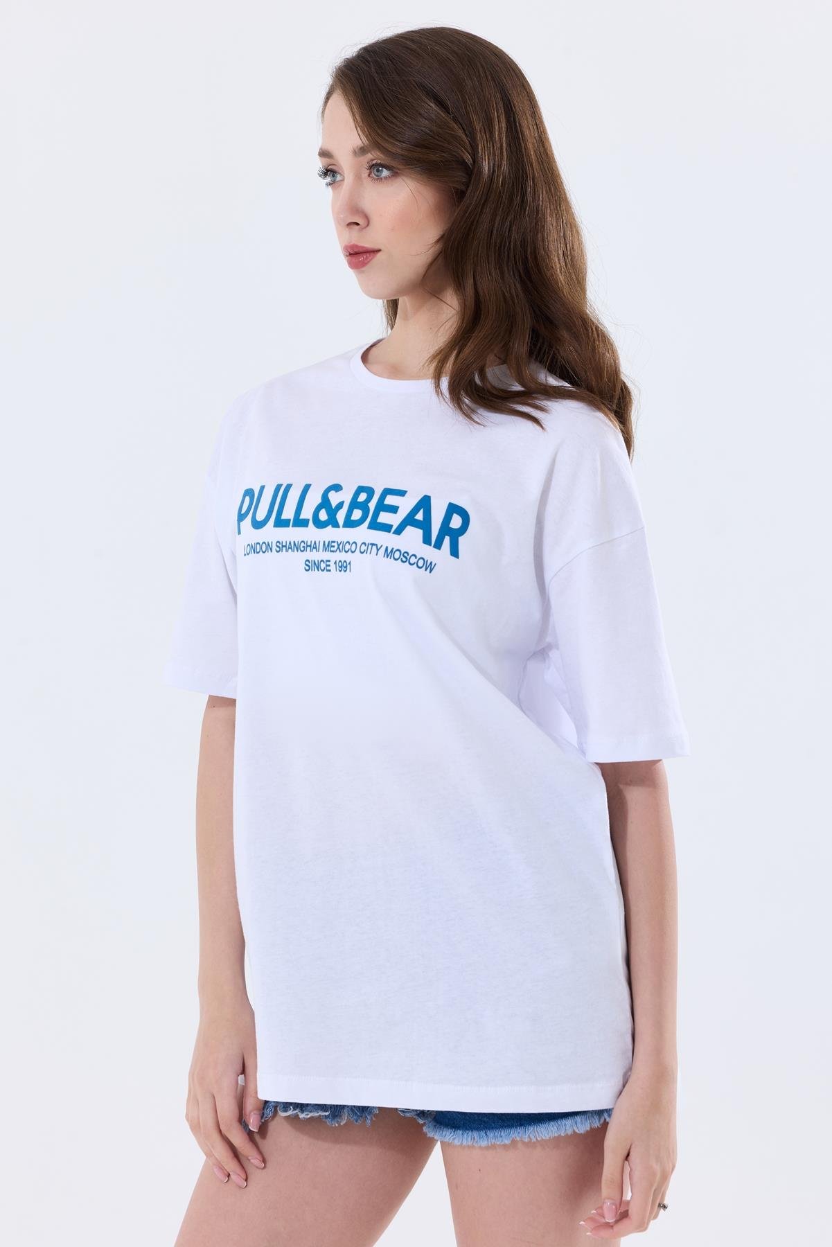 Önü Baskılı Pamuklu Basic Oversize Tişört - Beyaz