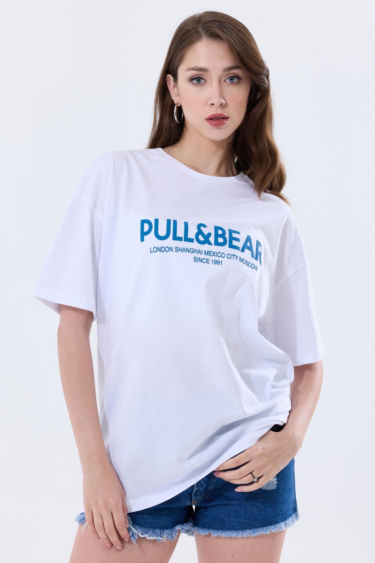 Önü Baskılı Pamuklu Basic Oversize Tişört - Beyaz