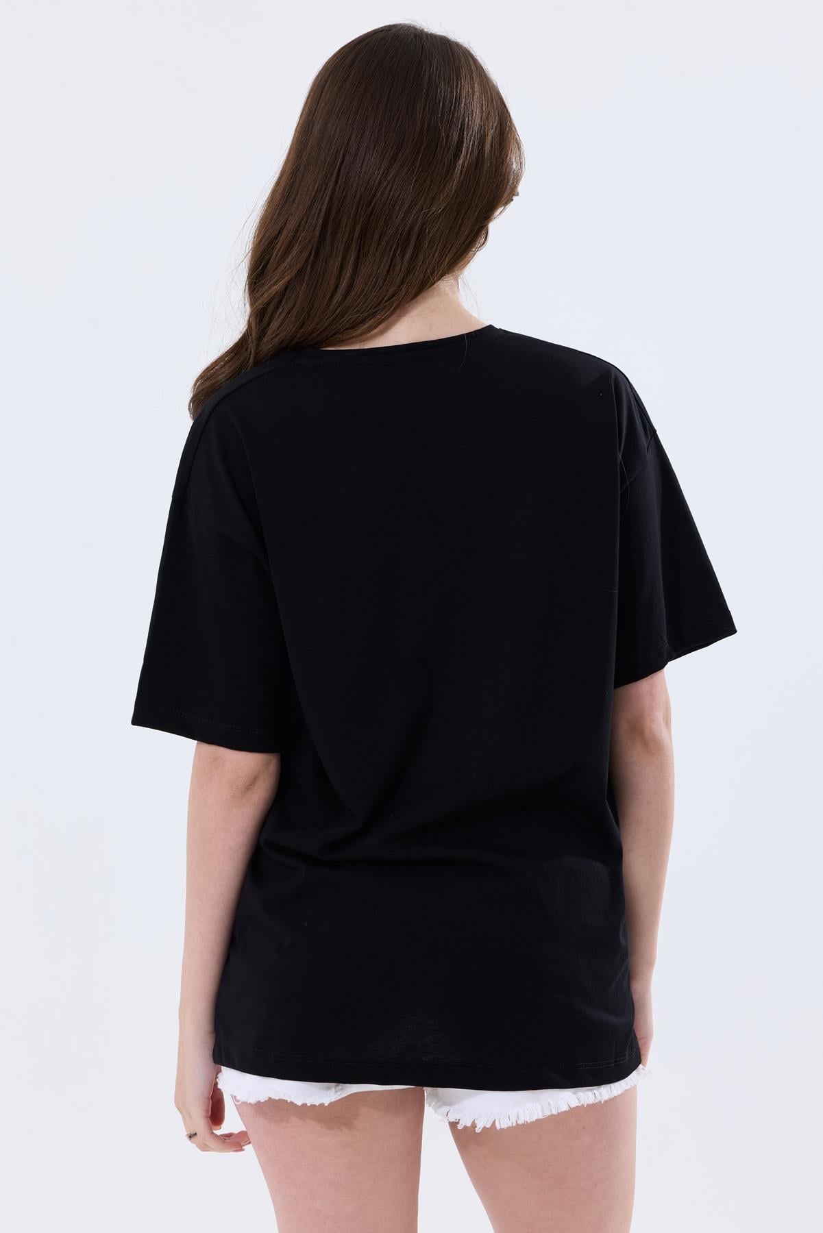 Önü Baskılı Pamuklu Basic Oversize Tişört - Siyah