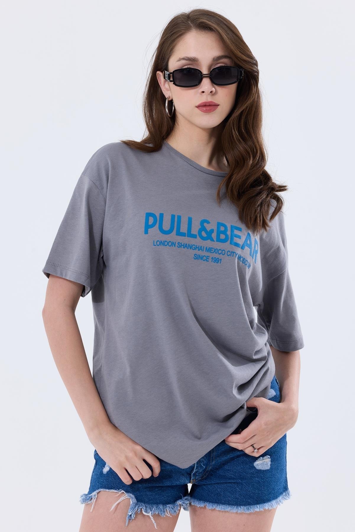 Önü Baskılı Pamuklu Basic Oversize Tişört - Antrasit