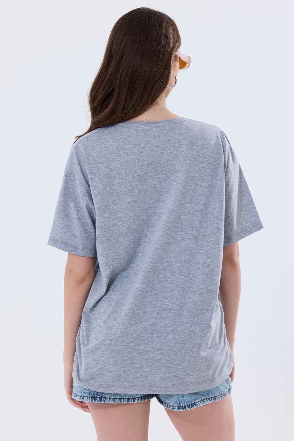 Önü Baskılı Pamuklu Basic Oversize Tişört - Gri