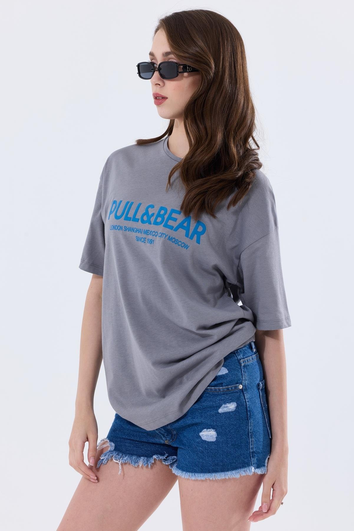 Önü Baskılı Pamuklu Basic Oversize Tişört - Antrasit