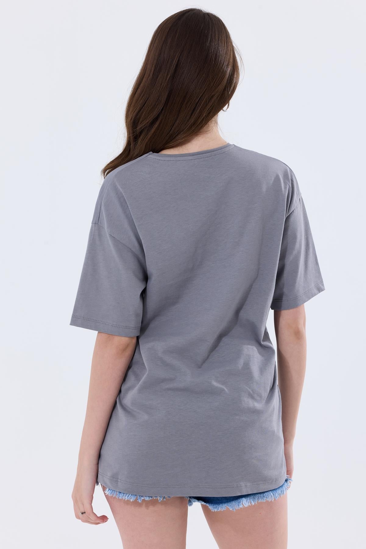 Önü Baskılı Pamuklu Basic Oversize Tişört - Antrasit