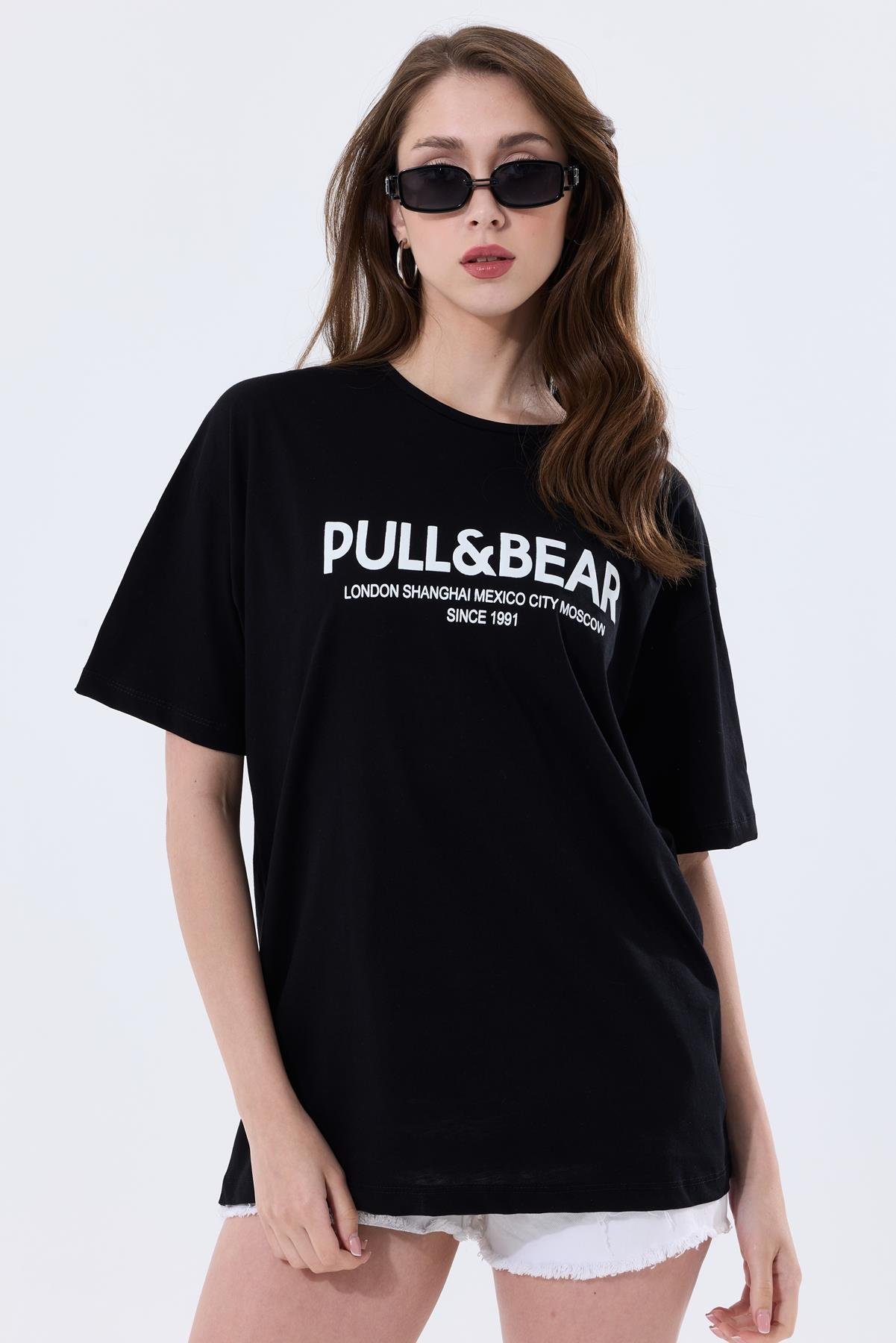 Önü Baskılı Pamuklu Basic Oversize Tişört - Siyah