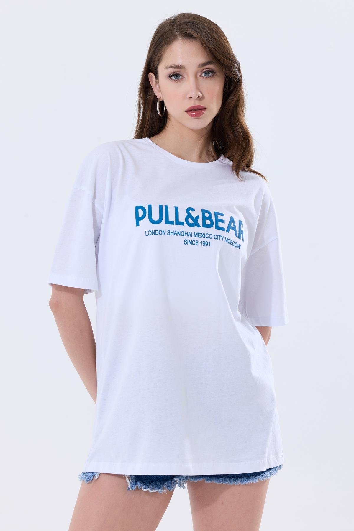Önü Baskılı Pamuklu Basic Oversize Tişört - Beyaz