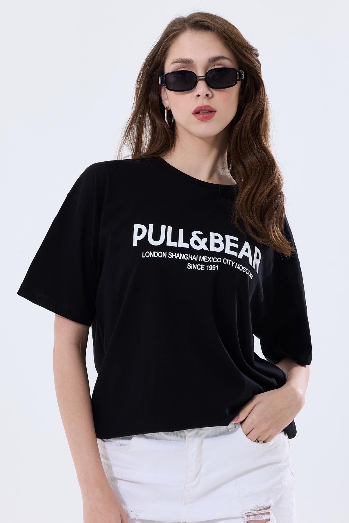 Önü Baskılı Pamuklu Basic Oversize Tişört - Siyah