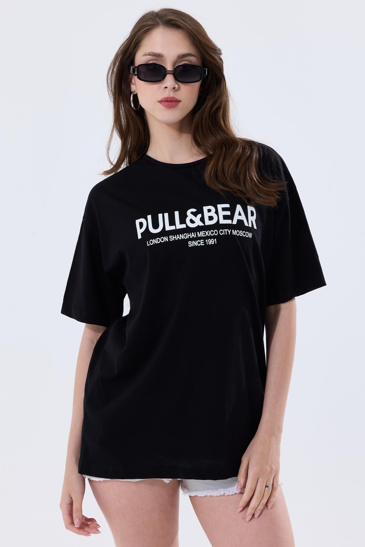 Önü Baskılı Pamuklu Basic Oversize Tişört - Siyah