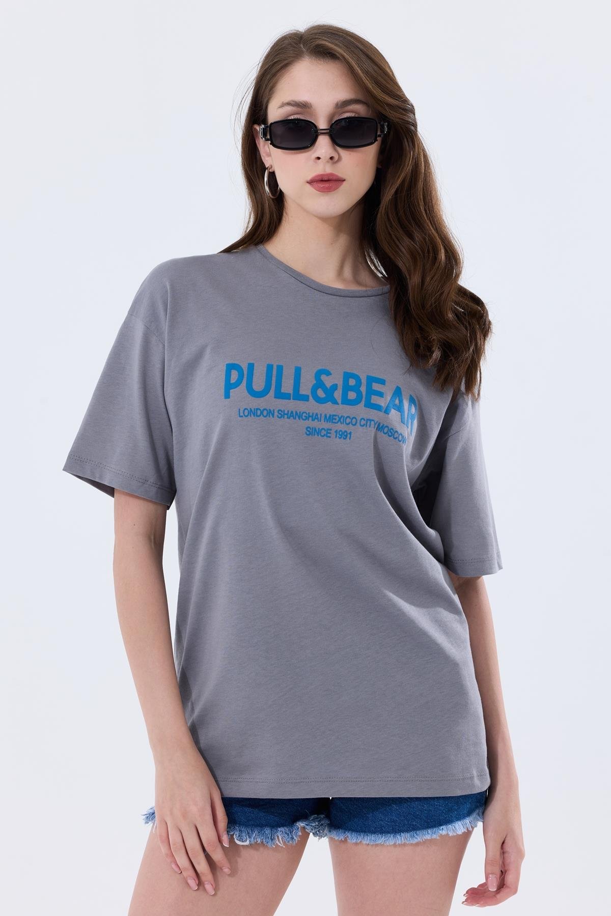 Önü Baskılı Pamuklu Basic Oversize Tişört - Antrasit