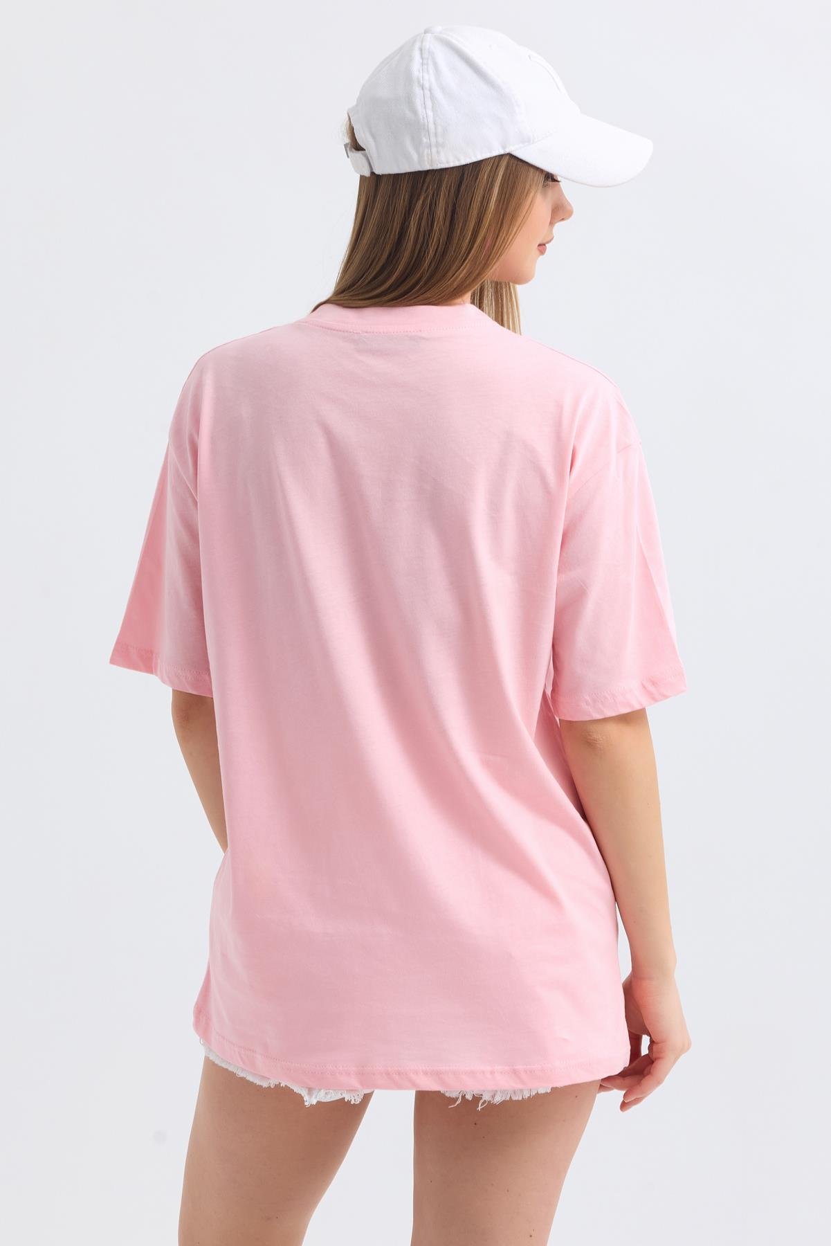 Önü Sunpo Baskılı Pamuklu Oversize Tişört - Pembe