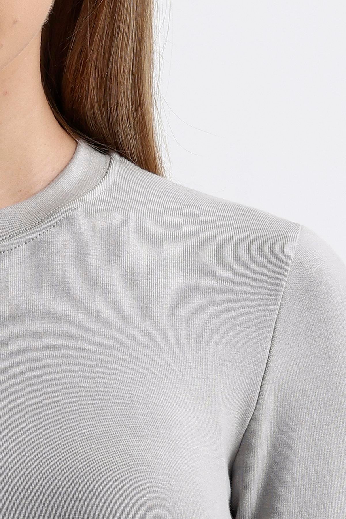 Parmak Detaylı Likralı Bisiklet Yaka Modal Body - Gri