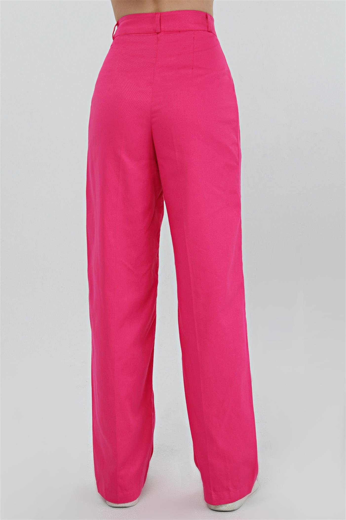 Pileli Yüksek Bel Gabardin Palazzo Pantolon - Fuşya
