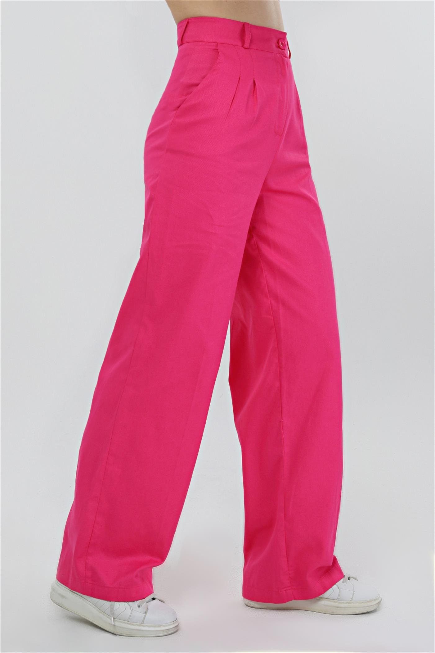 Pileli Yüksek Bel Gabardin Palazzo Pantolon - Fuşya