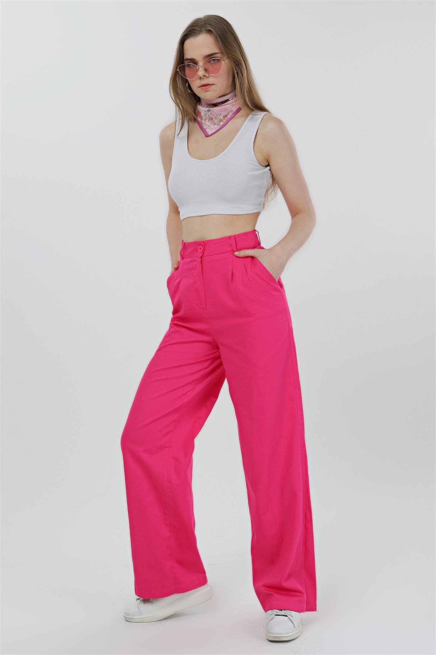 Pileli Yüksek Bel Gabardin Palazzo Pantolon - Fuşya