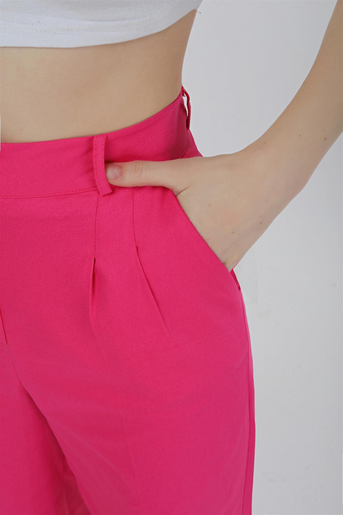 Pileli Yüksek Bel Gabardin Palazzo Pantolon - Fuşya