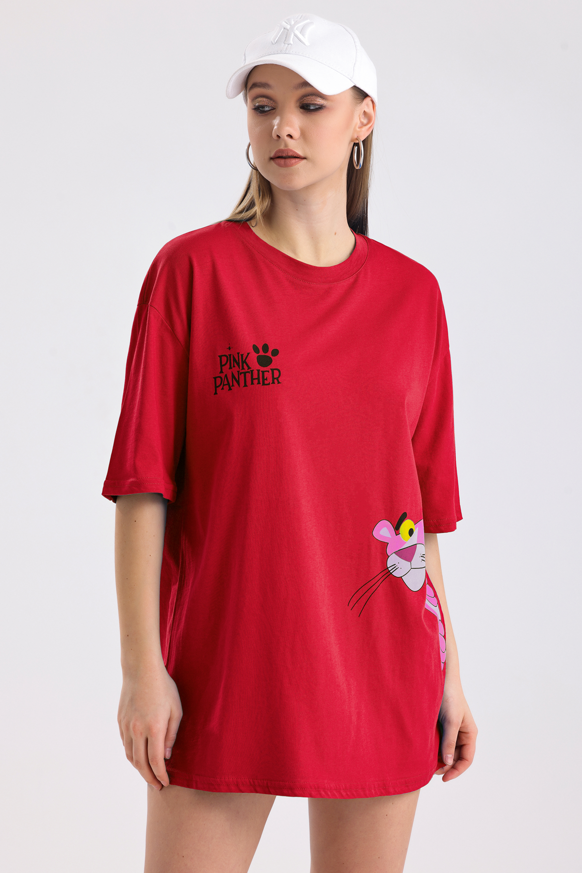Pink Panter Baskılı Pamuklu Oversize Tişört - Kırmızı