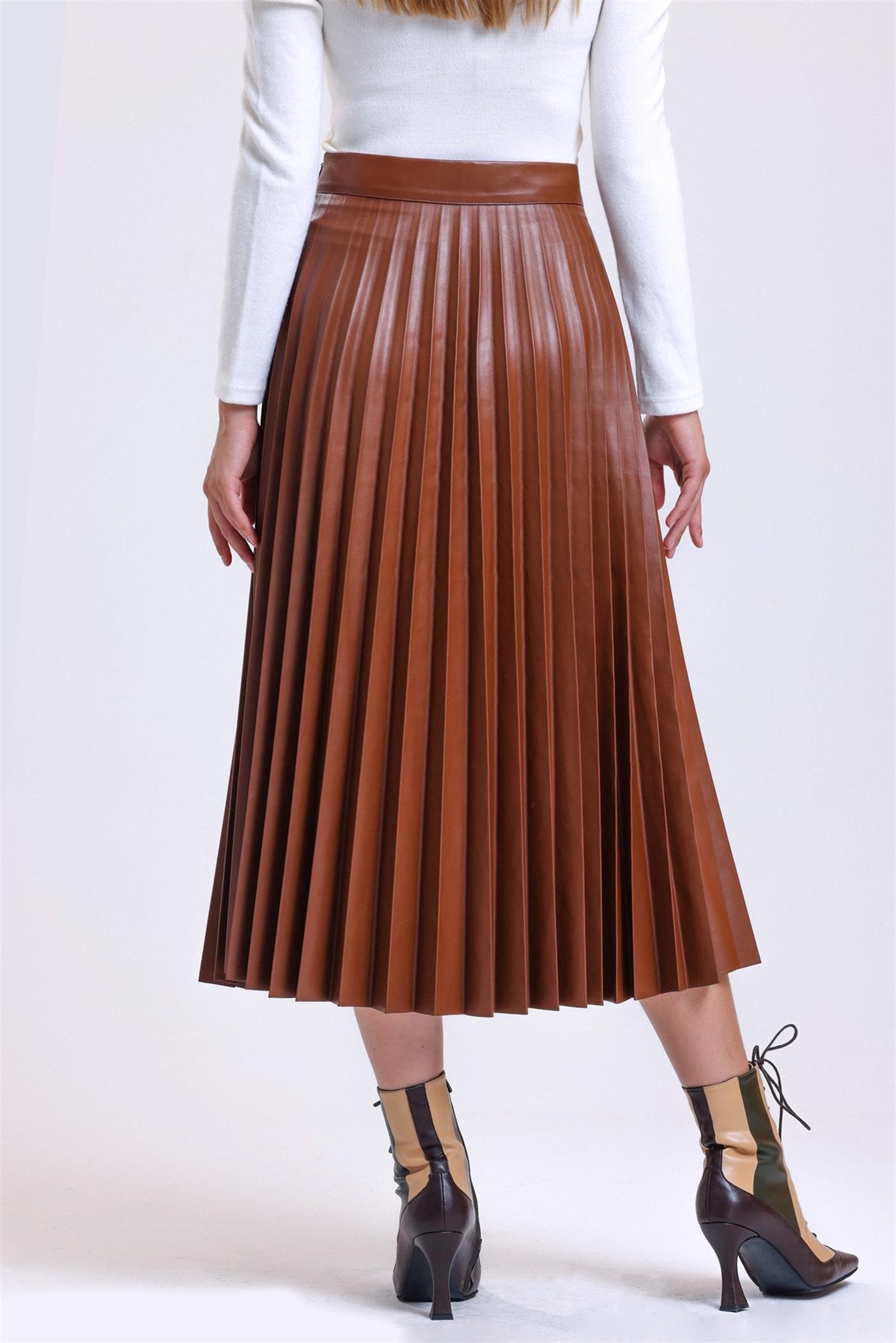 Pliseli Yüksek Bel Yandan Fermuarlı Deri Etek - Taba