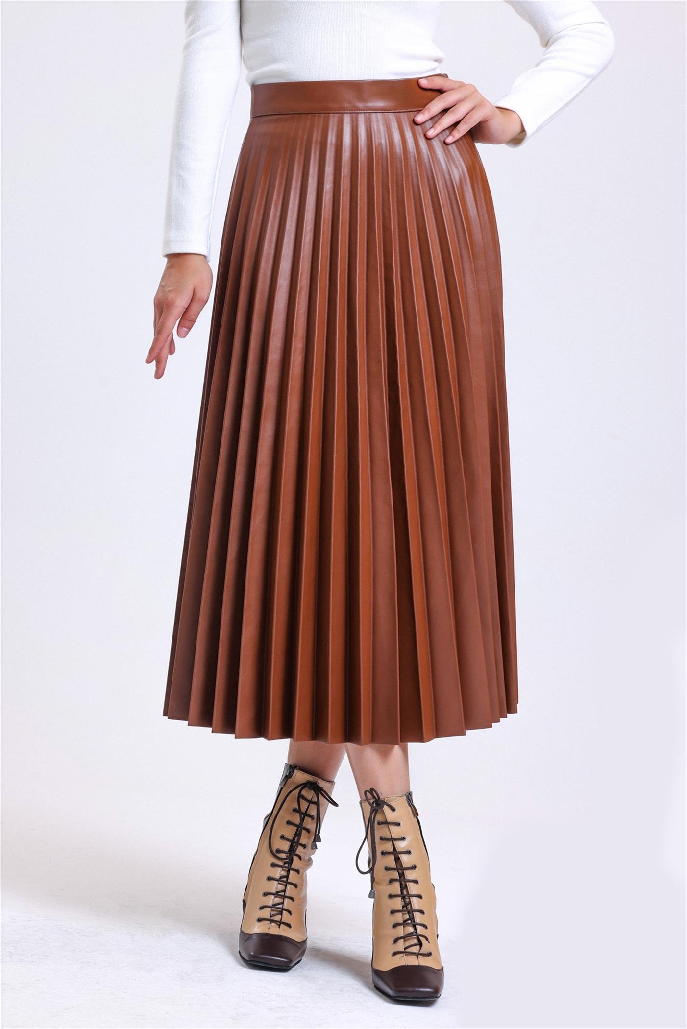 Pliseli Yüksek Bel Yandan Fermuarlı Deri Etek - Taba