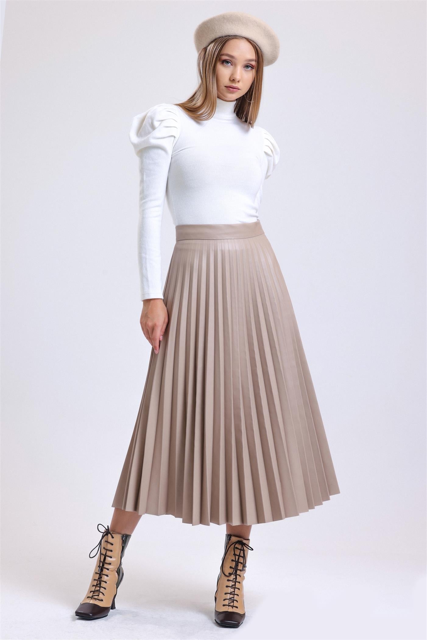 Pliseli Yüksek Bel Yandan Fermuarlı Deri Etek - Bej