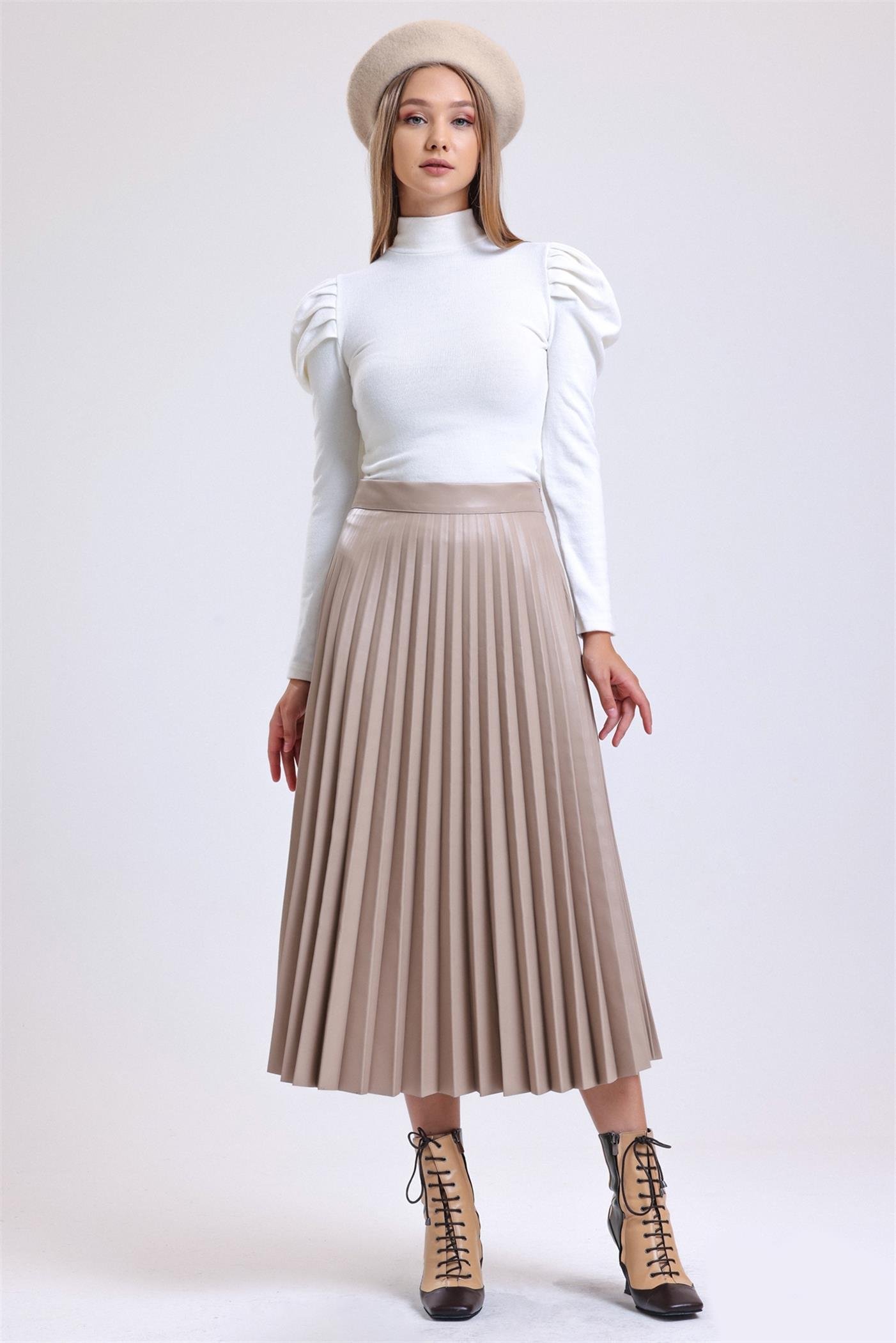 Pliseli Yüksek Bel Yandan Fermuarlı Deri Etek - Bej