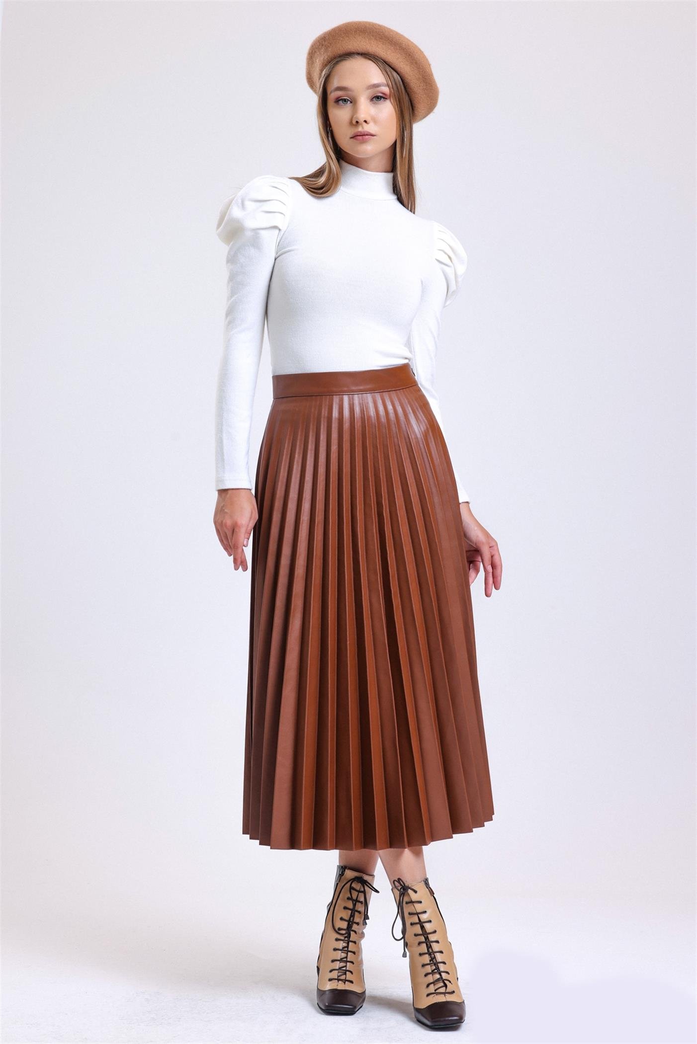 Pliseli Yüksek Bel Yandan Fermuarlı Deri Etek - Taba