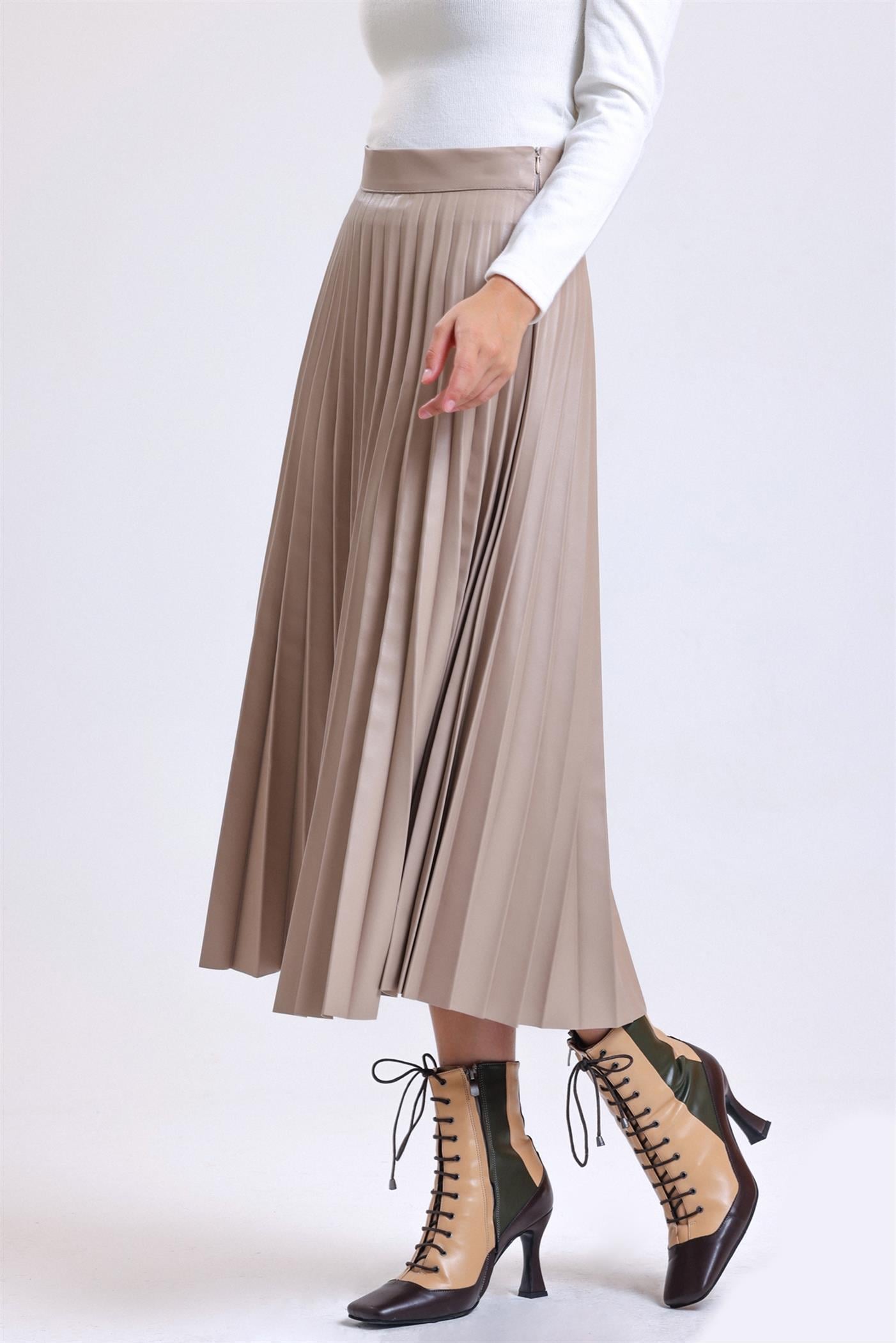 Pliseli Yüksek Bel Yandan Fermuarlı Deri Etek - Bej