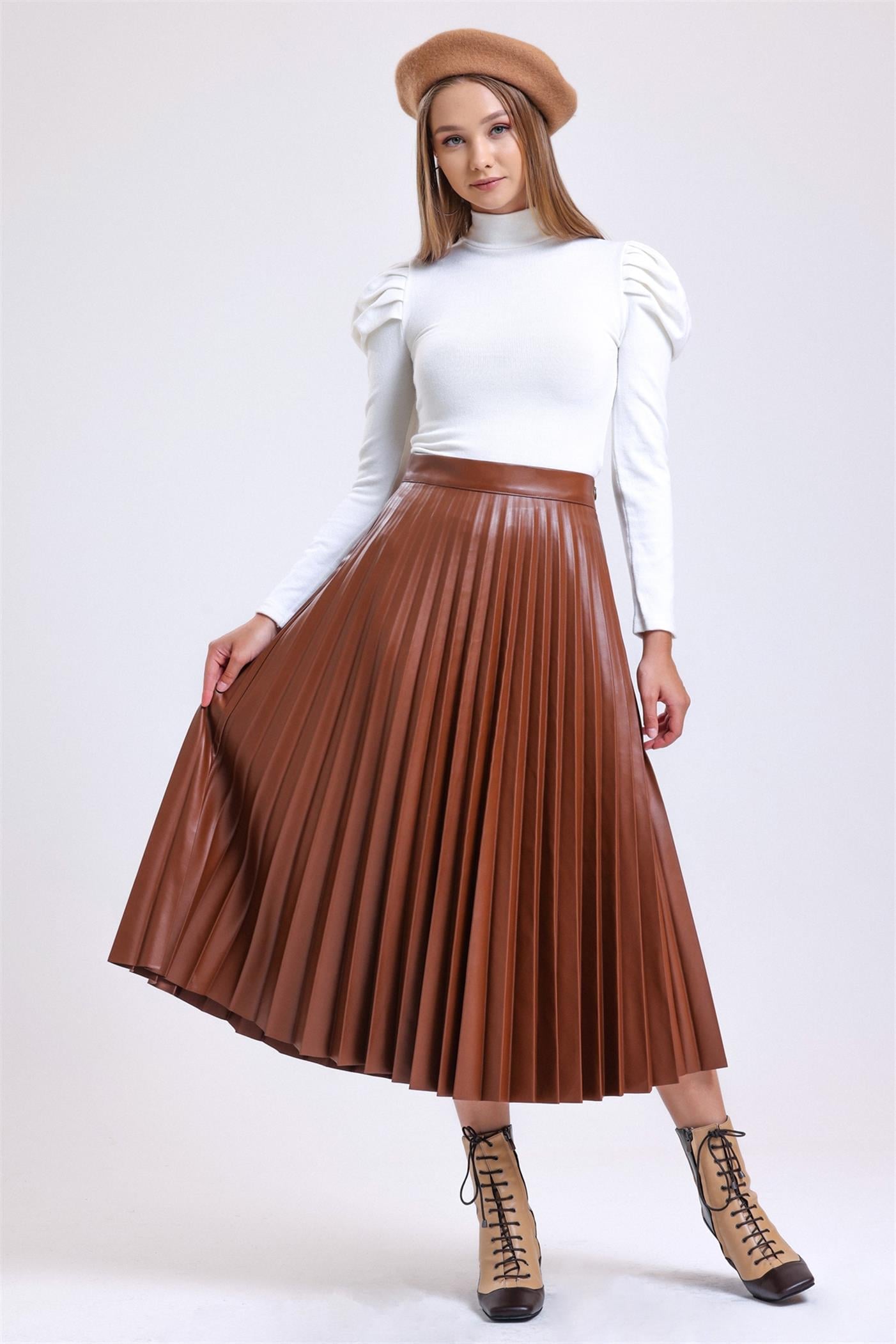 Pliseli Yüksek Bel Yandan Fermuarlı Deri Etek - Taba