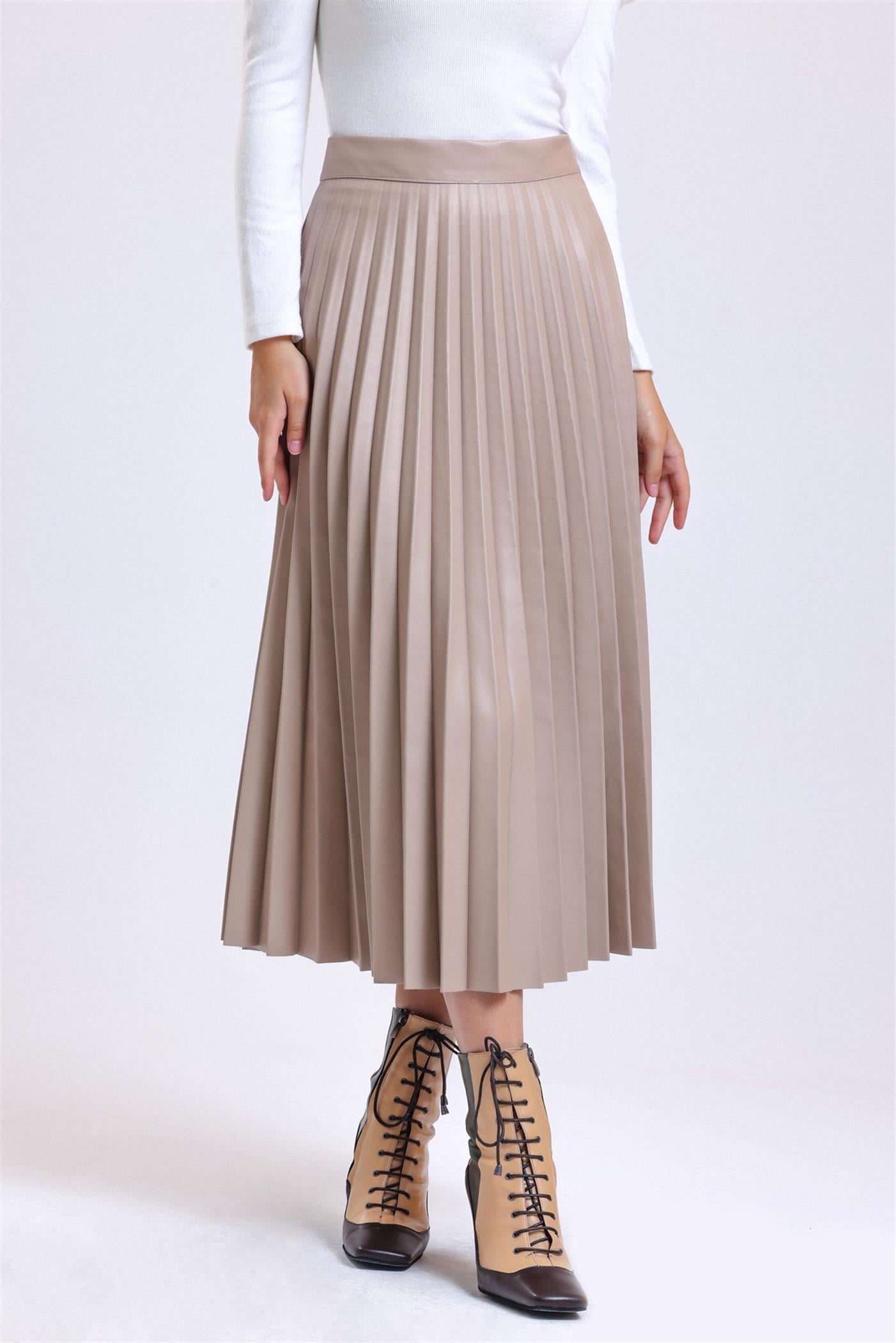 Pliseli Yüksek Bel Yandan Fermuarlı Deri Etek - Bej