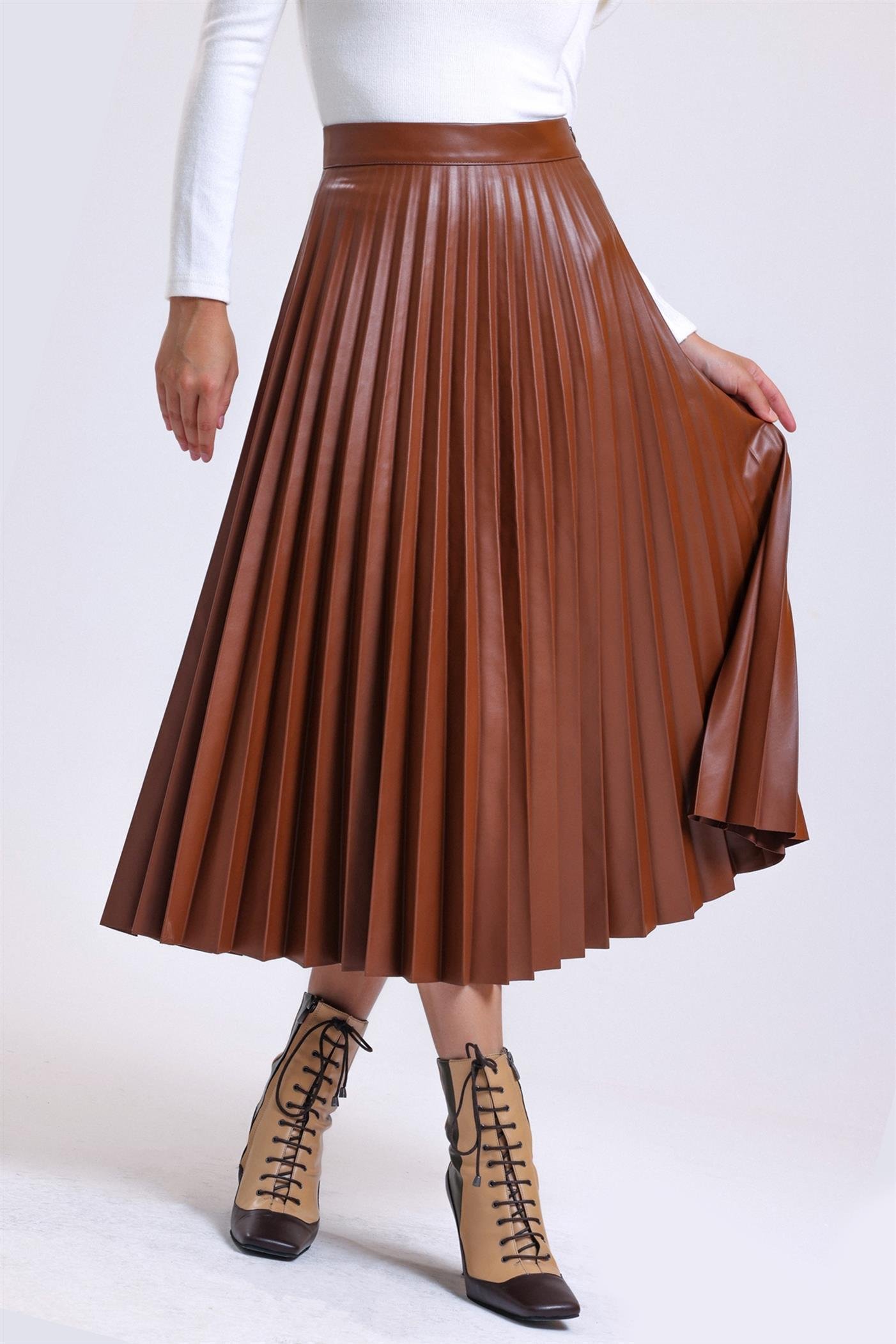 Pliseli Yüksek Bel Yandan Fermuarlı Deri Etek - Taba