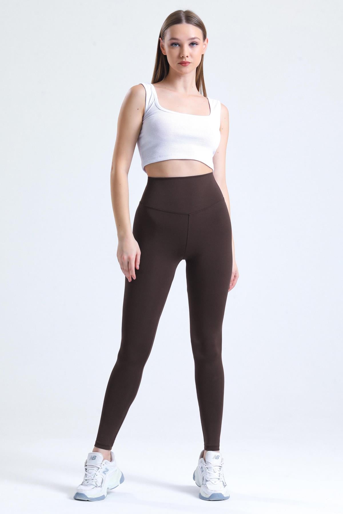 Push-Up Yüksek Bel Şardonlu Toparlayıcı Tayt - Kahve