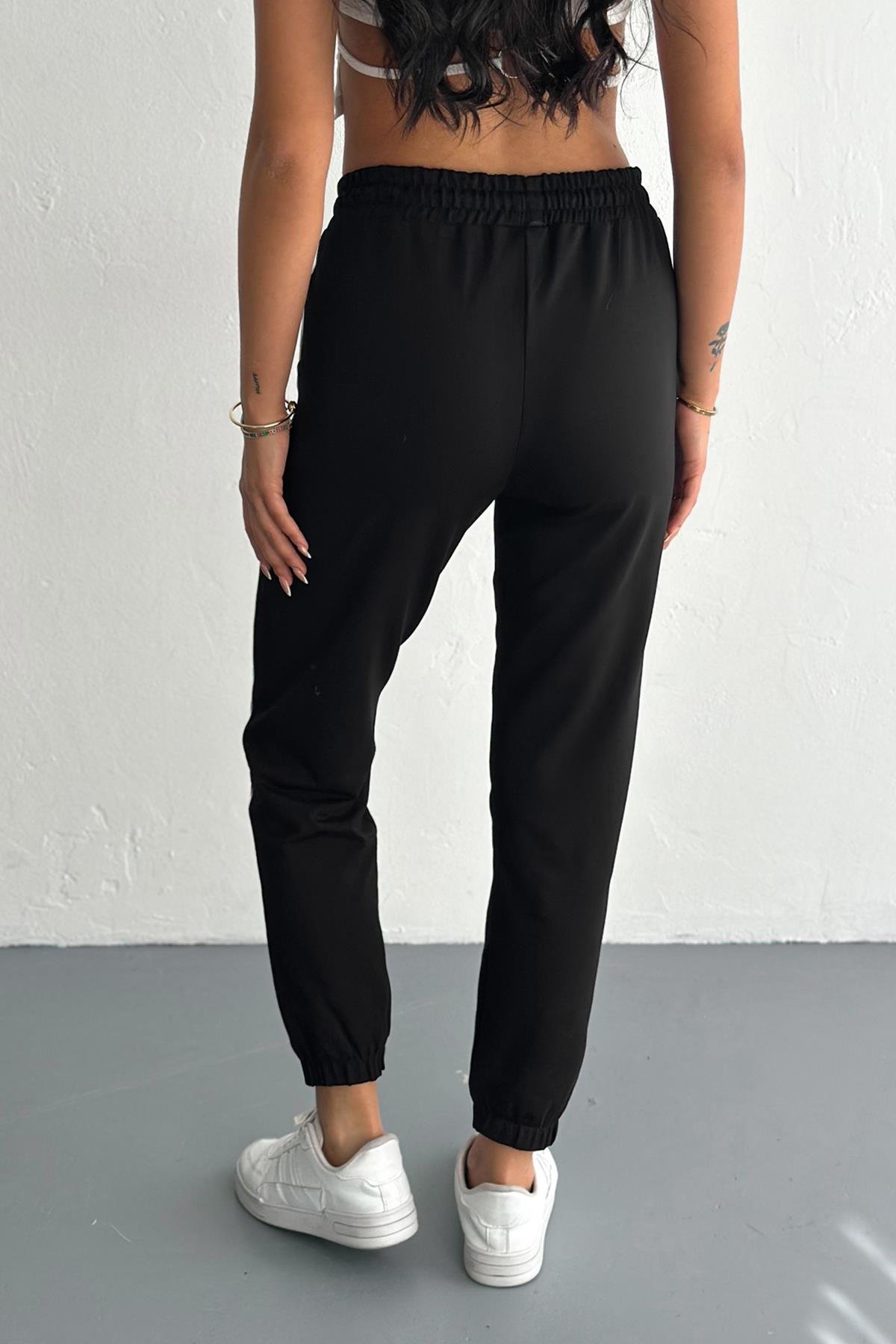 Şerit Detaylı Paça Lastikli Kompakt Penye Eşofman - Siyah