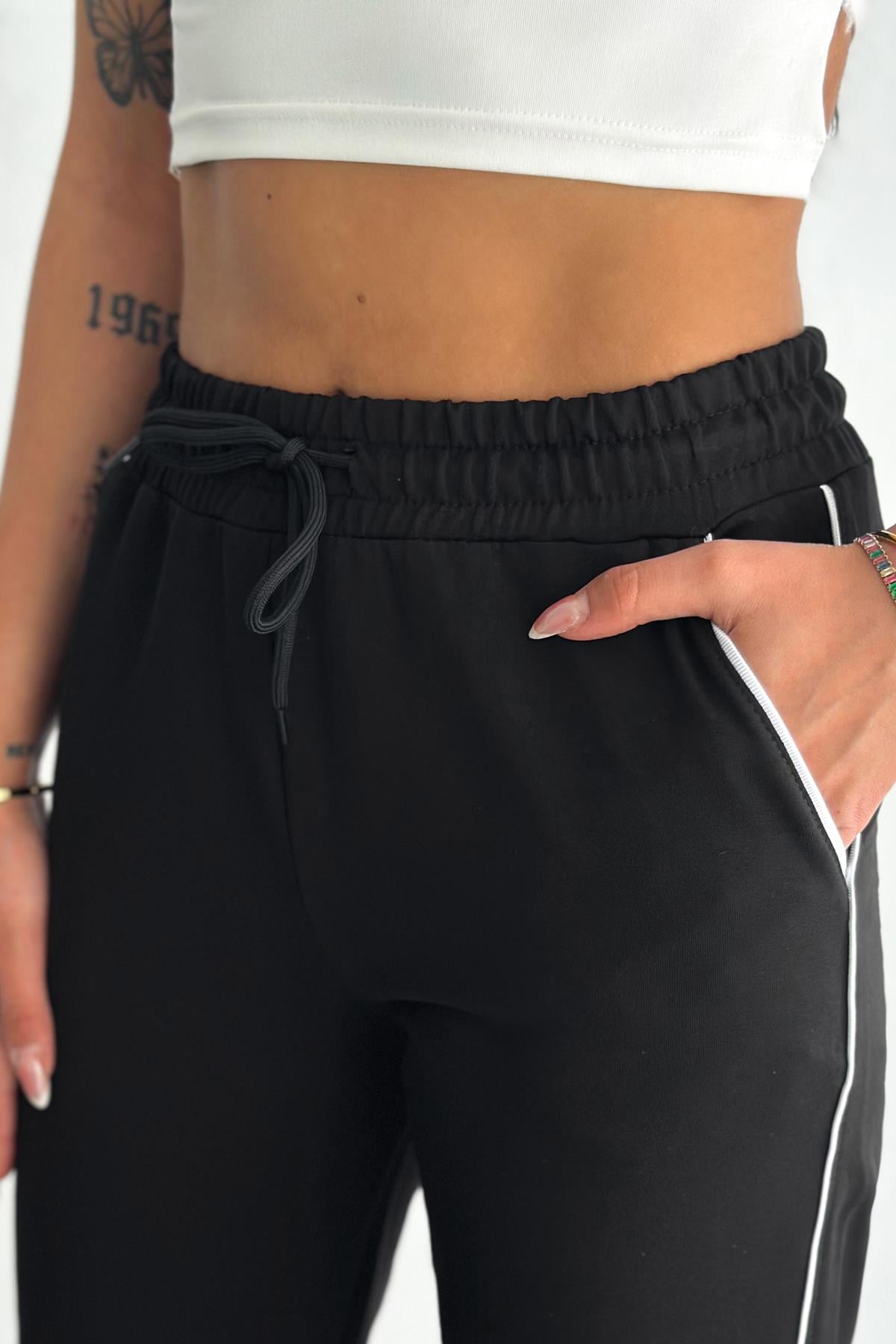 Şerit Detaylı Paça Lastikli Kompakt Penye Eşofman - Siyah