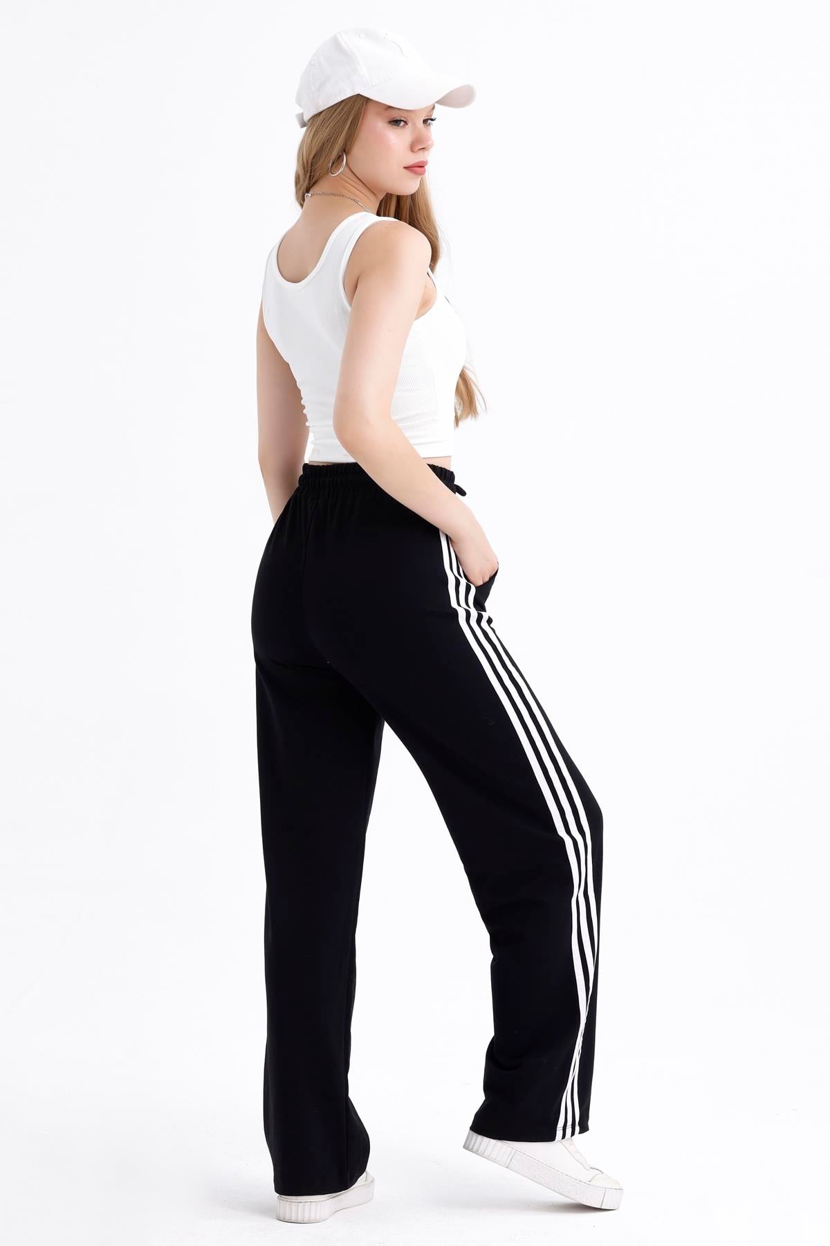 Yan Şerit Detaylı Yüksek Bel Palazzo Eşofman Altı - Siyah