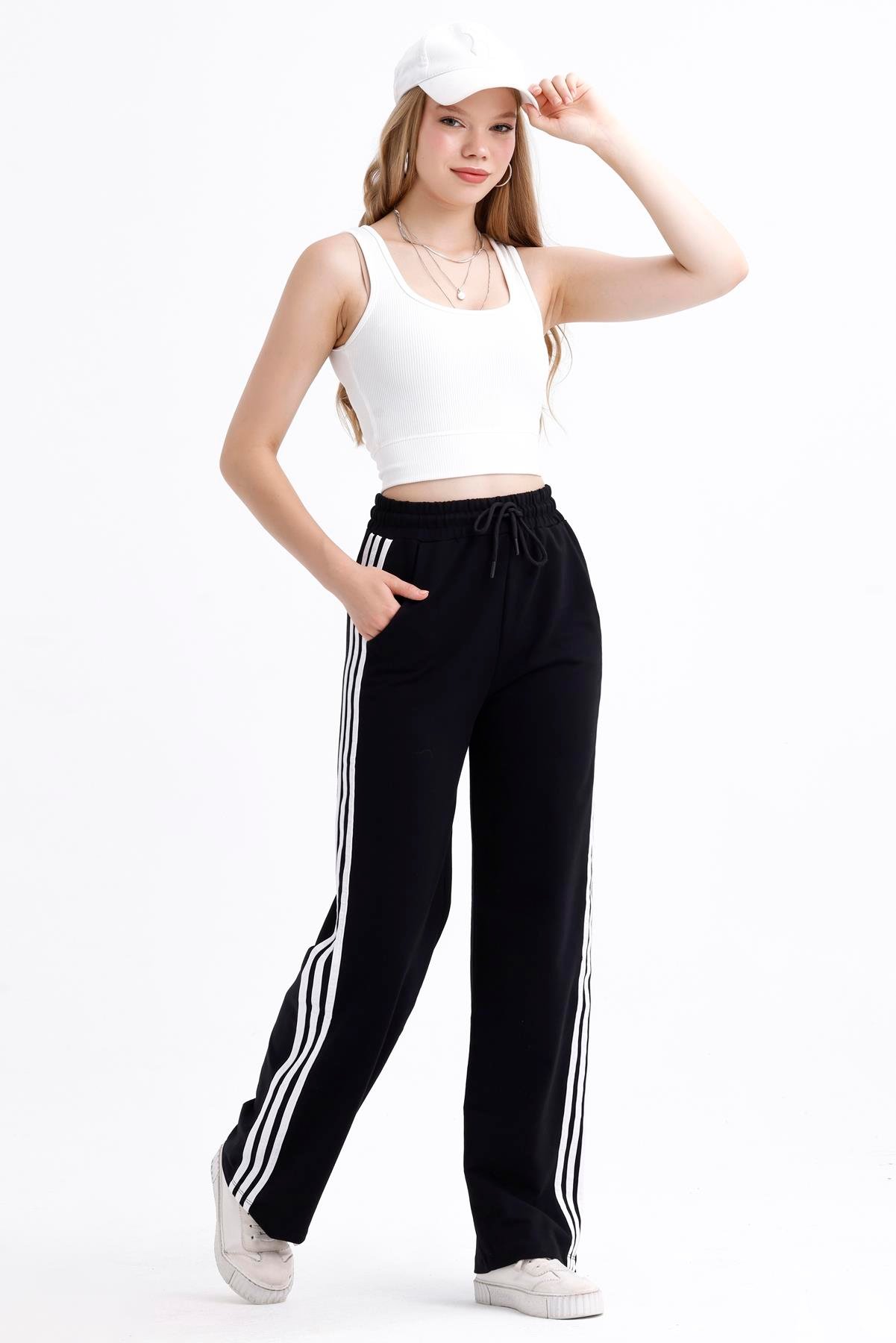 Yan Şerit Detaylı Yüksek Bel Palazzo Eşofman Altı - Siyah