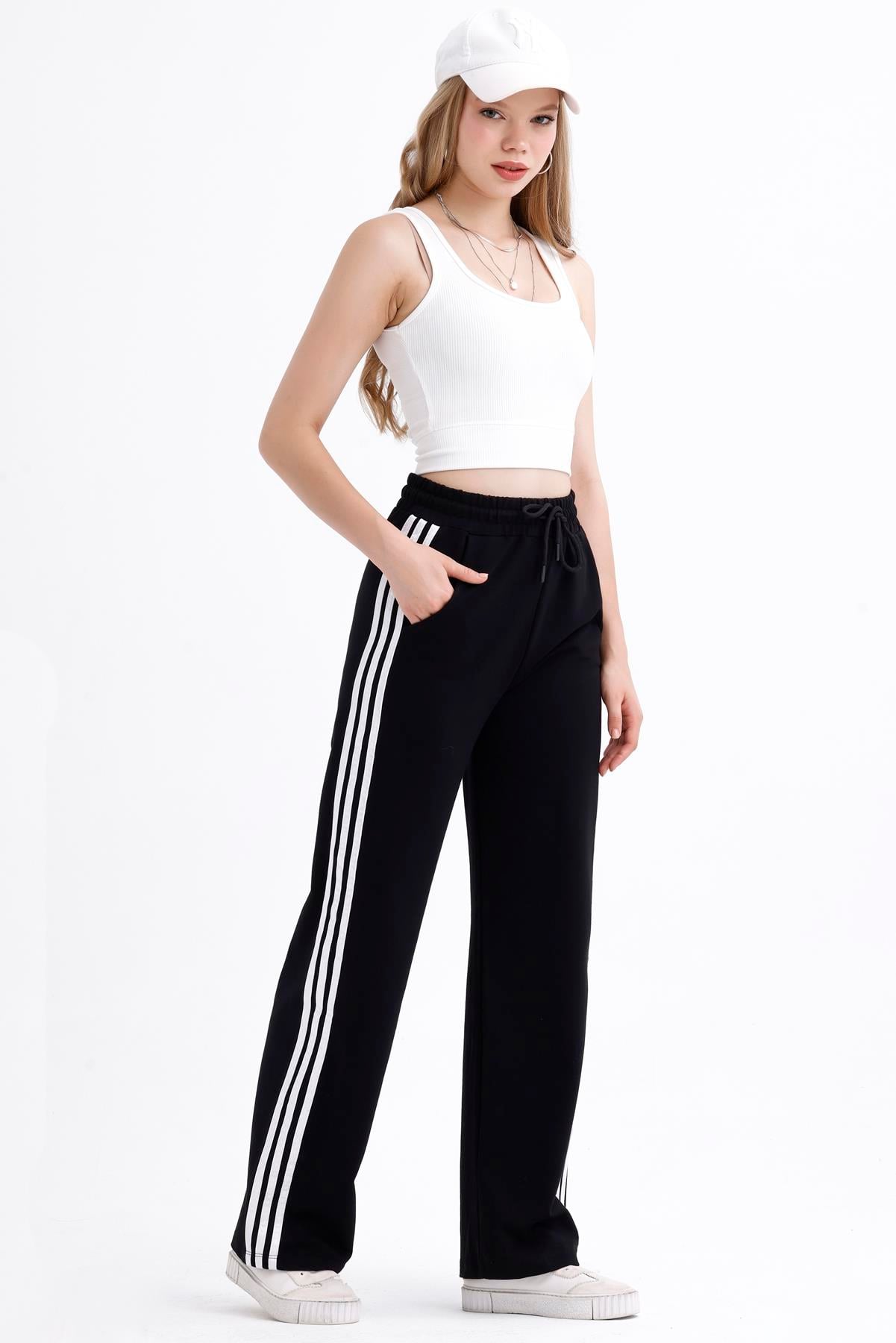 Yan Şerit Detaylı Yüksek Bel Palazzo Eşofman Altı - Siyah