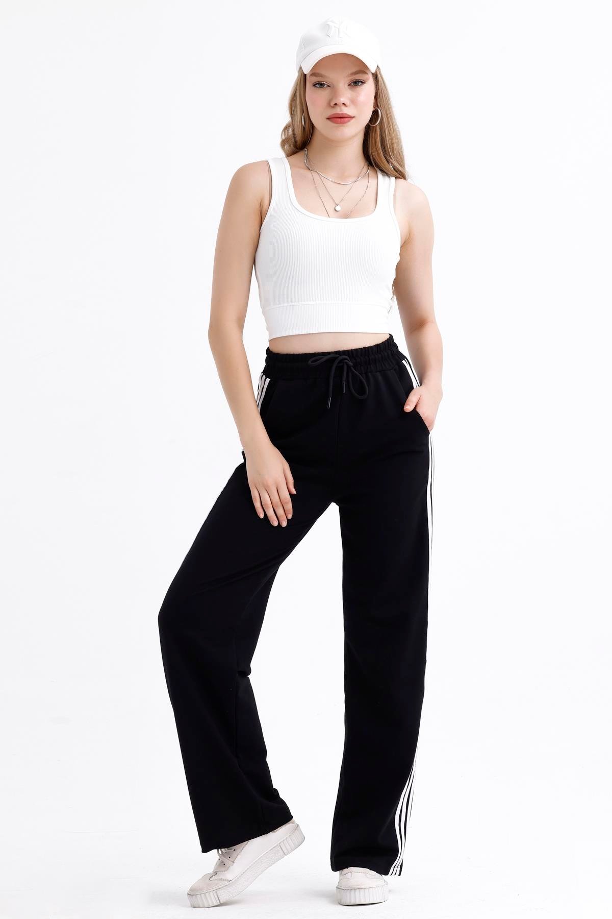 Yan Şerit Detaylı Yüksek Bel Palazzo Eşofman Altı - Siyah