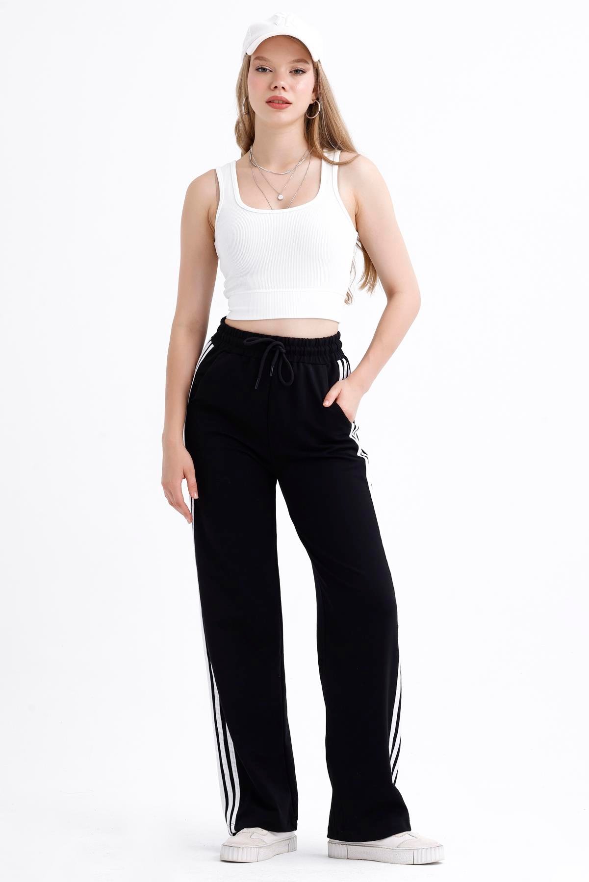 Yan Şerit Detaylı Yüksek Bel Palazzo Eşofman Altı - Siyah