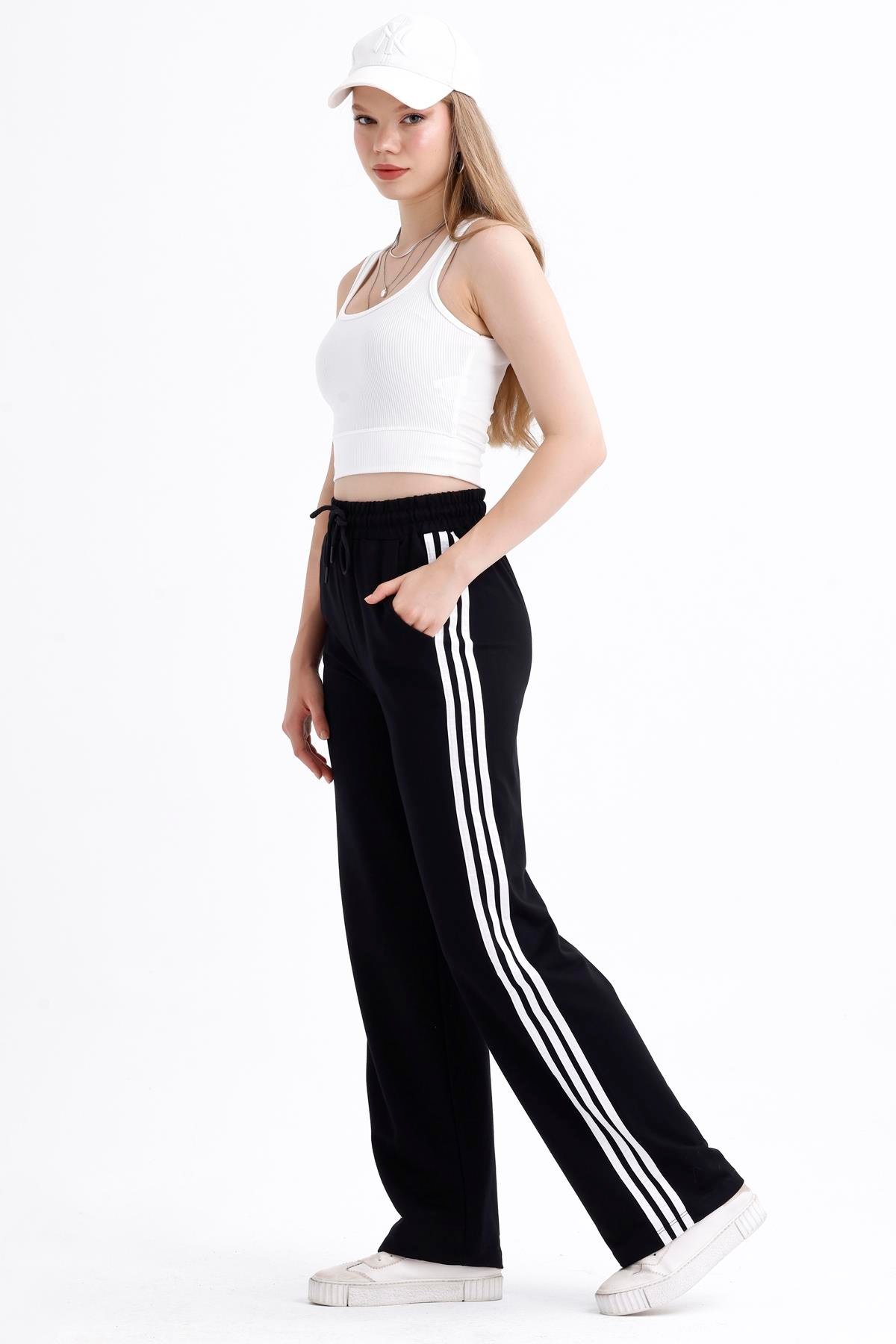 Yan Şerit Detaylı Yüksek Bel Palazzo Eşofman Altı - Siyah