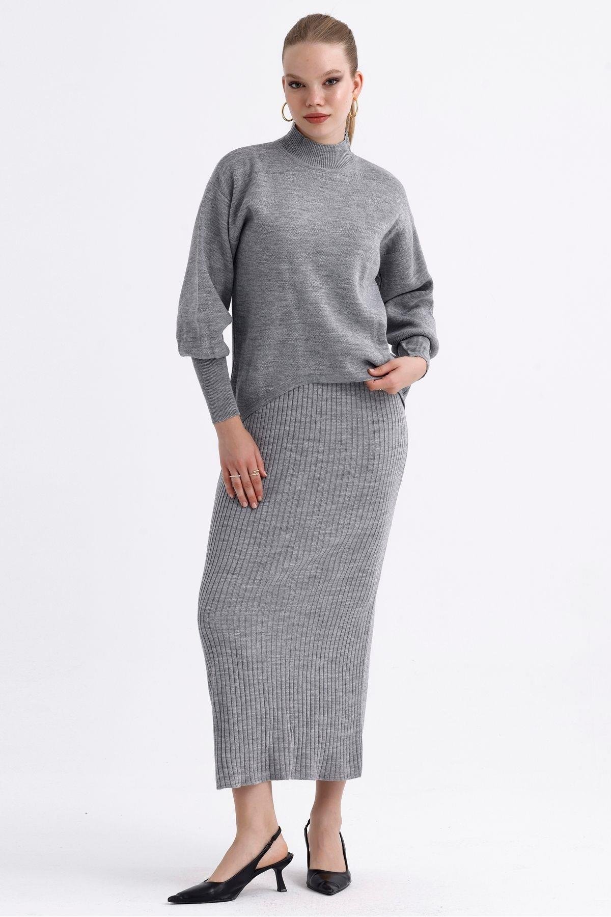 Yarım Balıkçı Yaka Kazak Ve Fitilli Askılı Elbise İkili Triko Takım - Gri